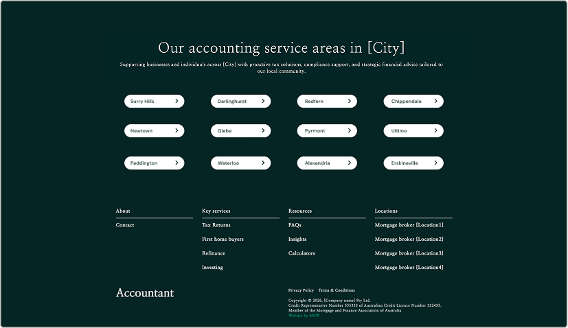 Accounting website design template features - location pages